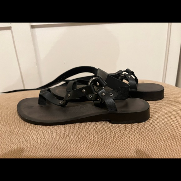 Black leather gladiator sandals with gunmetal grey hardware. Size 6 - Picture 2 of 4